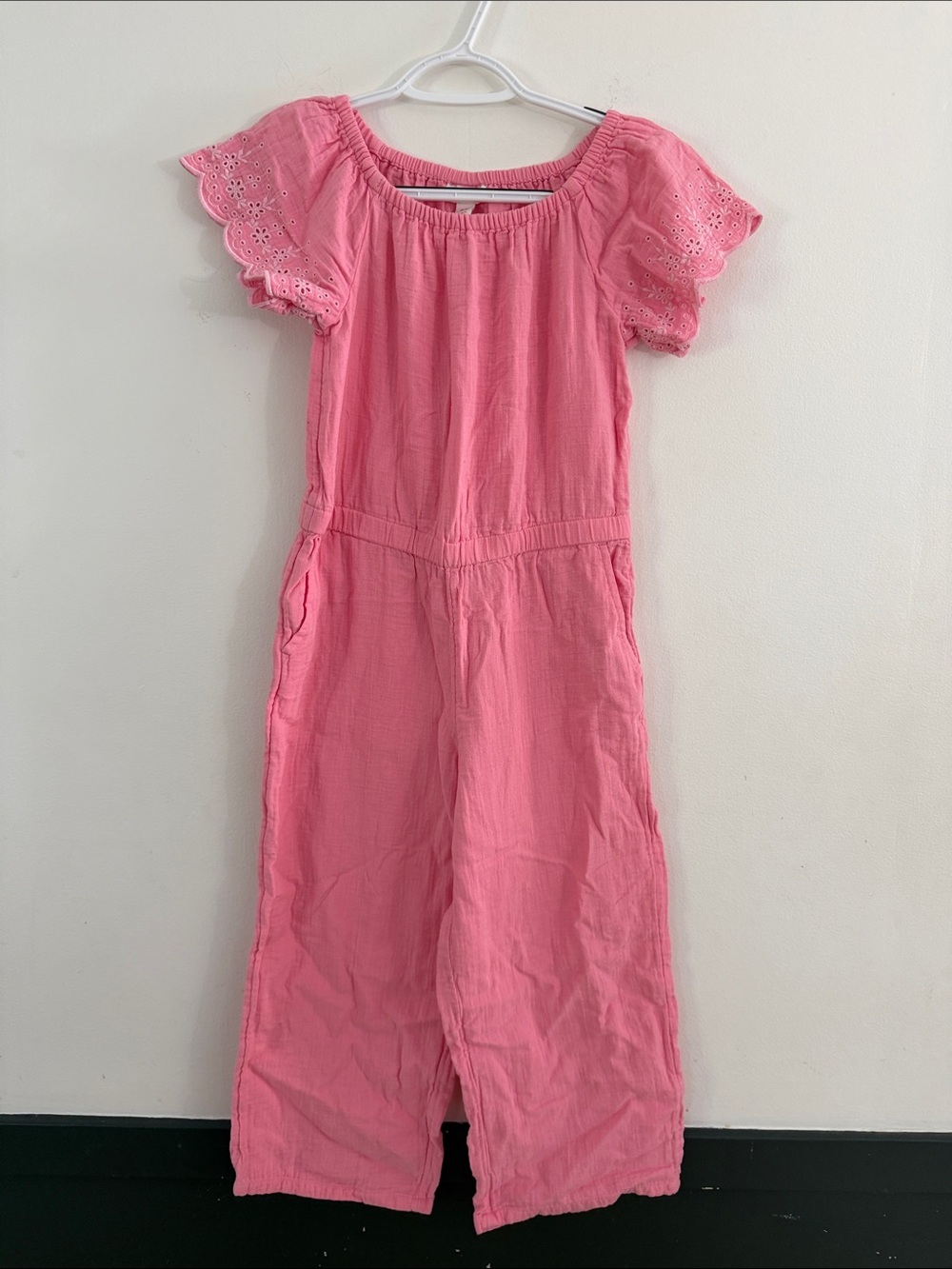 Girls Pink Eyelet-Sleeve Jumpsuit